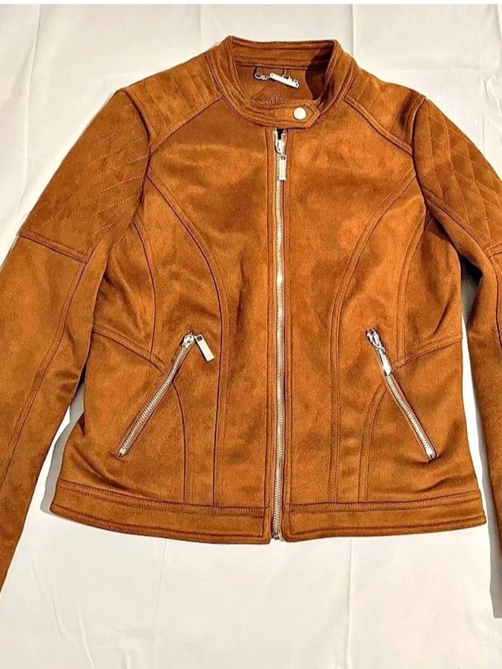 Women’s Size M Brown Faux Suede Moto Jacket Long Sleeves, Pockets,